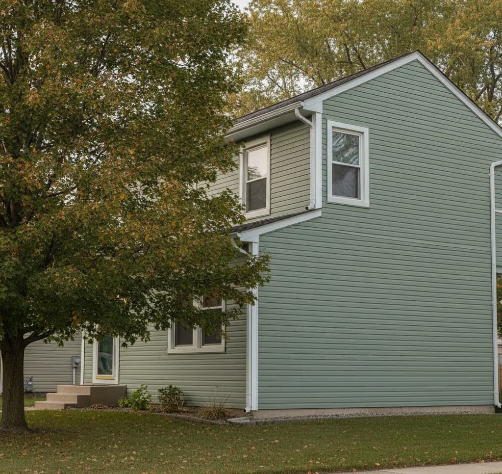 Sage gray vinyl lap siding with white trim on a two-story Michigan home