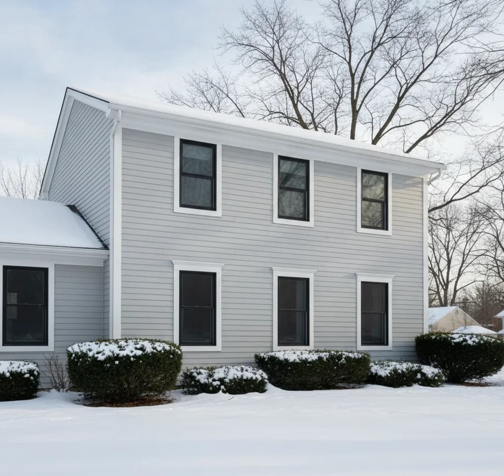 Black fiberglass replacement windows on a Michigan home in winter