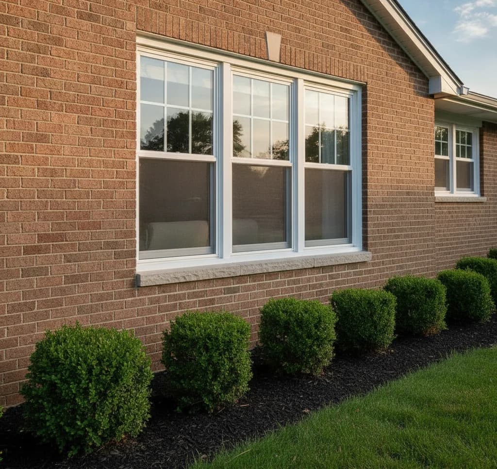 White vinyl double-hung replacement windows on a brick Michigan home