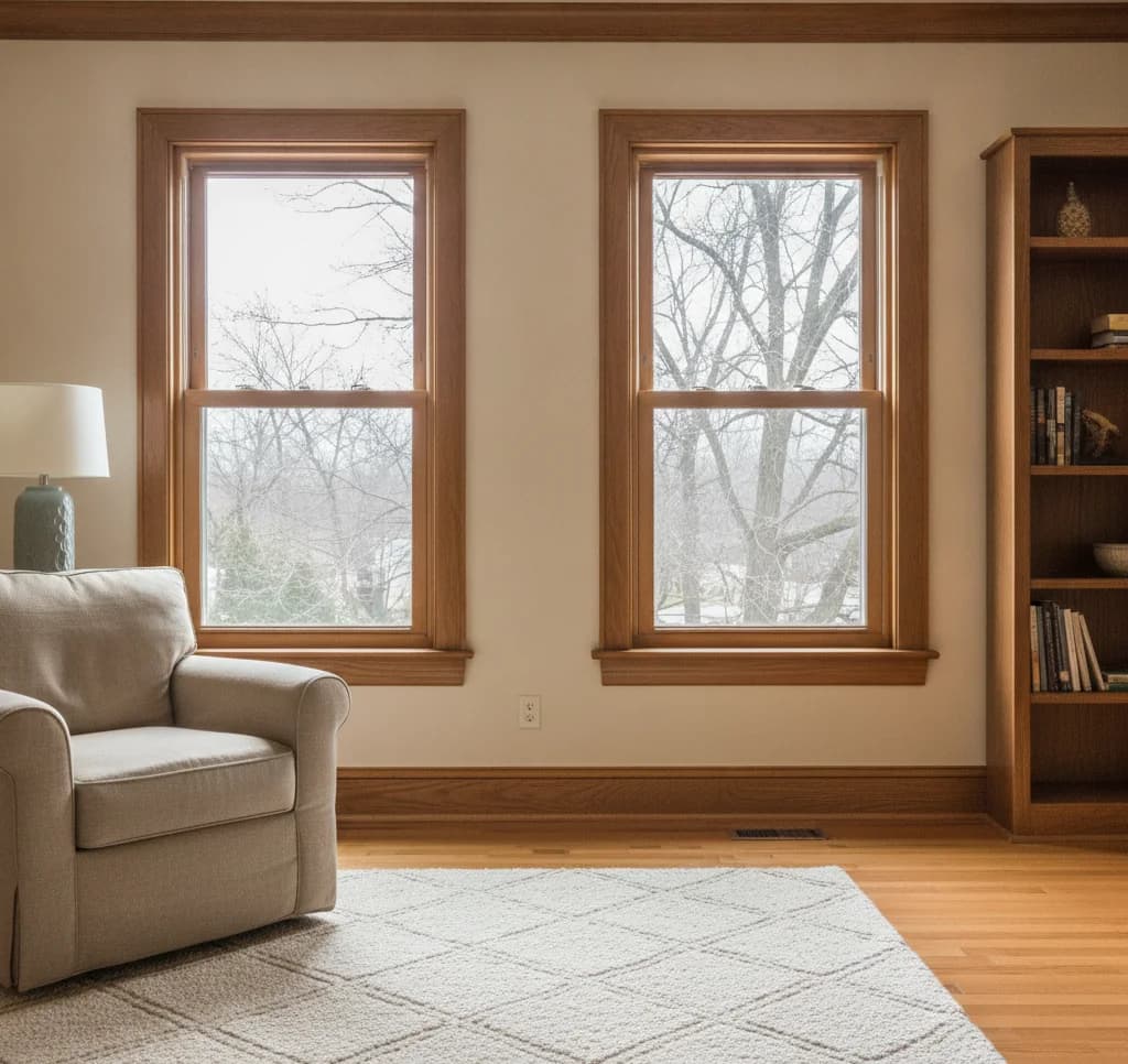 Stained wood replacement windows in the living room of a Michigan home